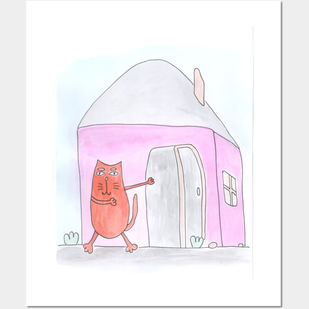 Cat points to the house. Real estate, rent, housewarming. Watercolor illustration humorous. Humor, fun design modern Wall Art by grafinya